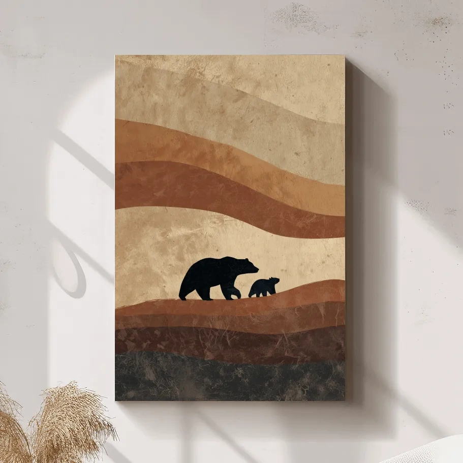 Scandi Bear Family Silhouette Artwork - Earthy Abstract Wildlife Wall Art