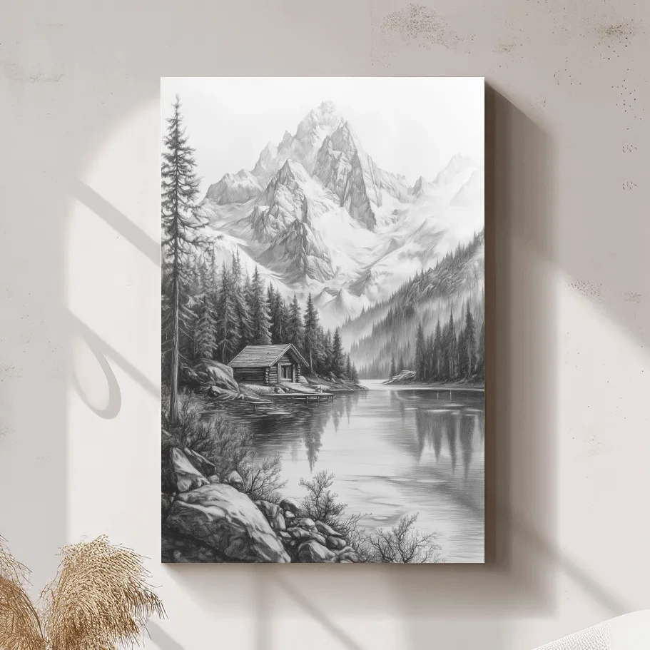 Monochrome Alpine Lake Cabin Sketch Art - Mountain Drawing Wall Art