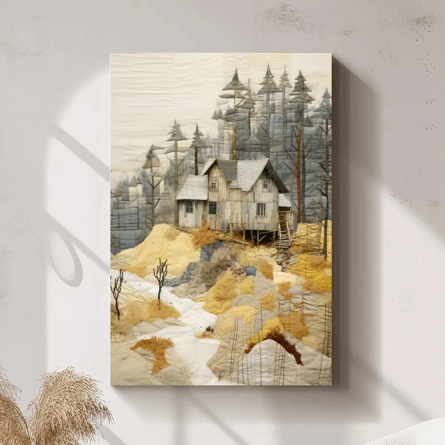 Rustic Woodland Cabin Landscape Quilt Art - Patchwork Style Mixed Media Wall Art