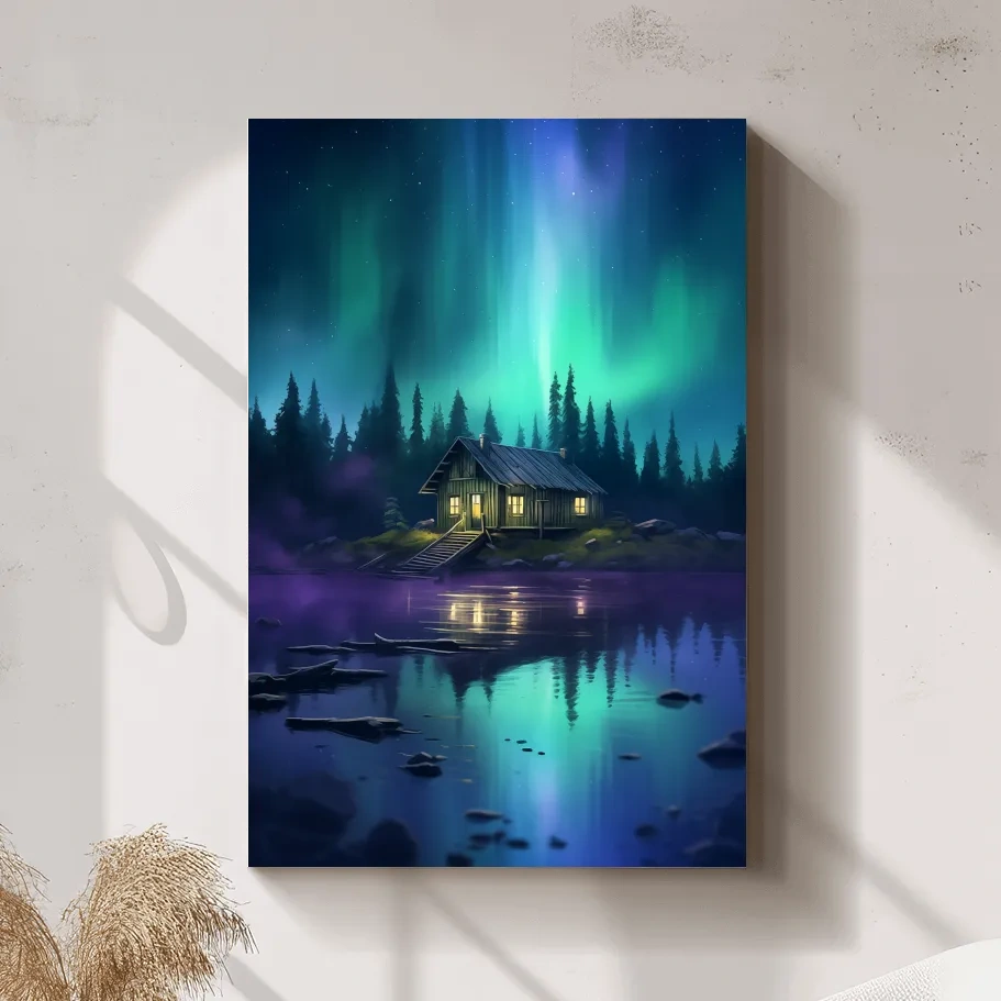 Vibrant Northern Lights Cabin Lake Painting - Aurora Borealis Night Wall Art