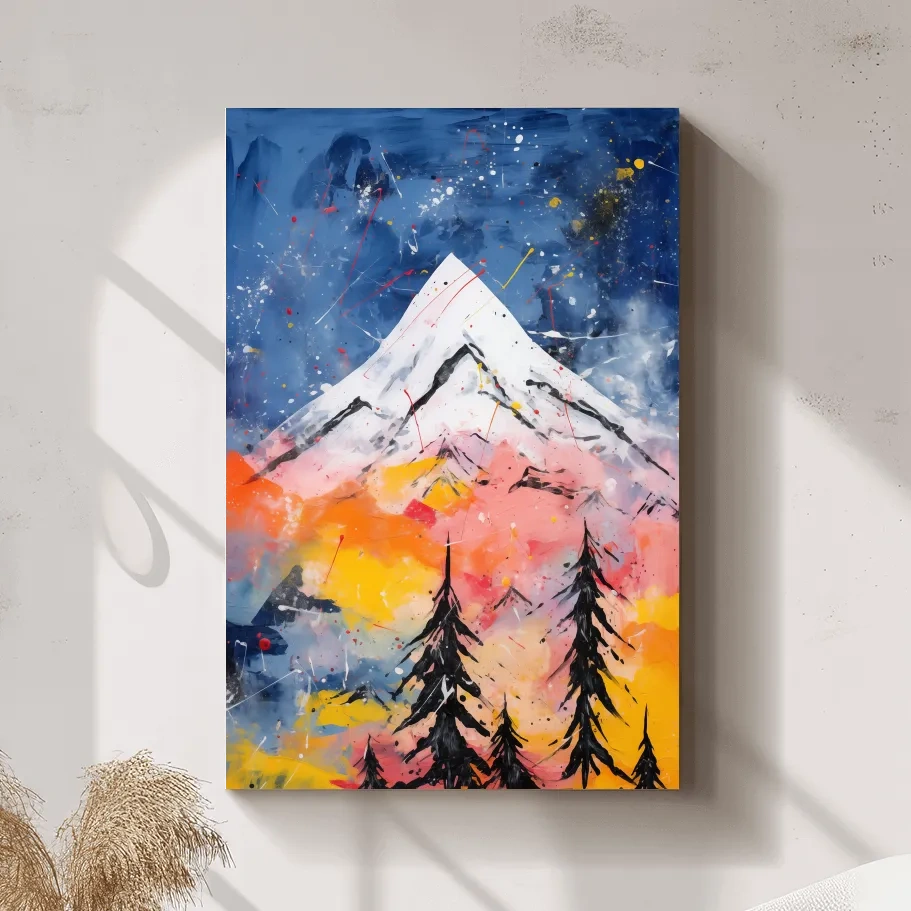 Vibrant Abstract Mountain Peak Sunset Painting - Colorful Acrylic Splash Forest Wall Art