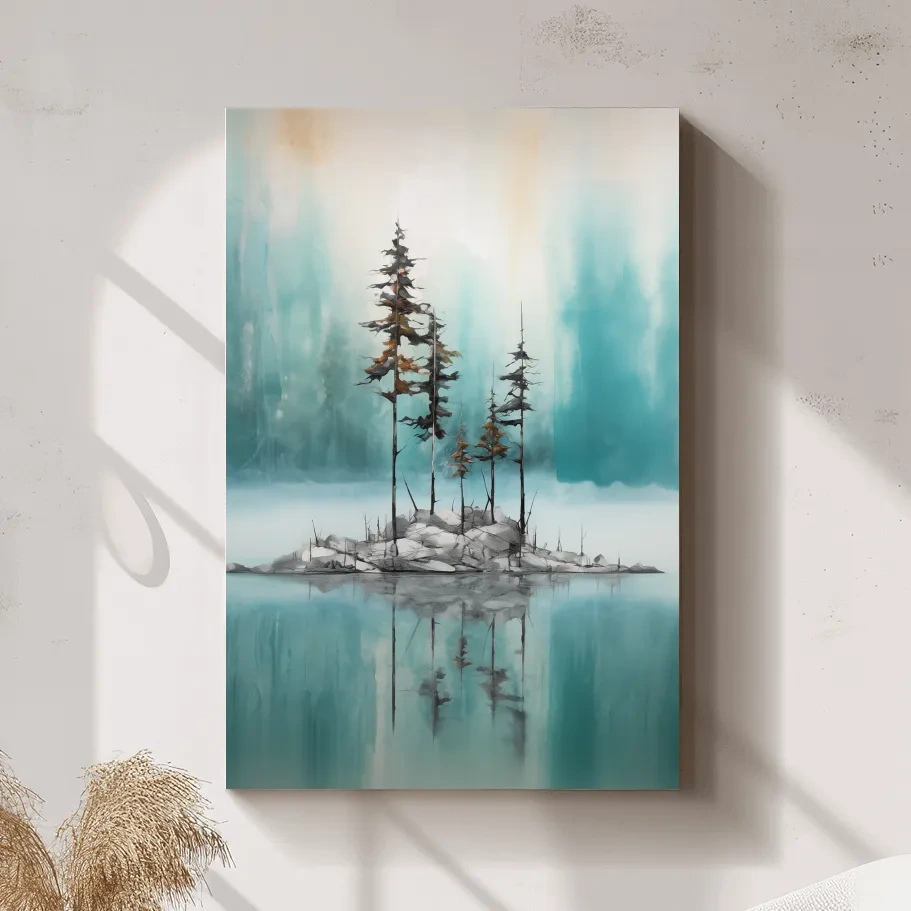 Misty Pine Trees Reflection - Watercolor Turquoise Alpine Lake Wall Art