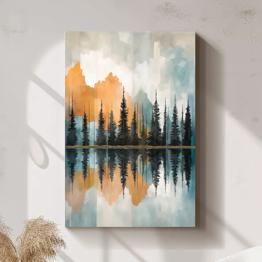 Abstract Watercolor Mountain Lake Reflection - Alpine Forest Landscape Artwork