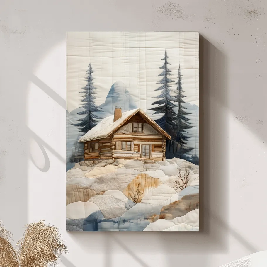 Rustic Winter Cabin In Snowy Pines - Textured Patchwork Fabric Effect Wall Art