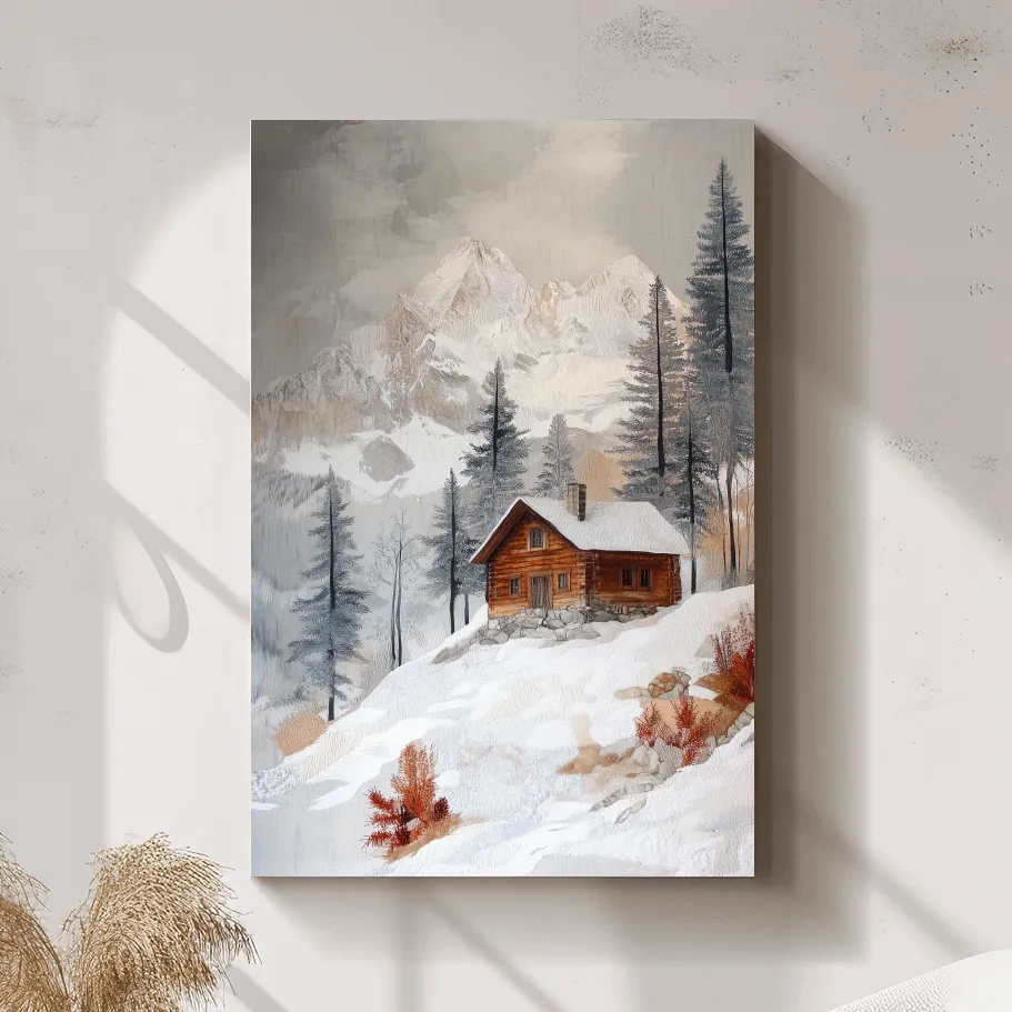 Snowy Mountain Cabin Landscape Painting - Rustic Winter Wilderness Wall Art
