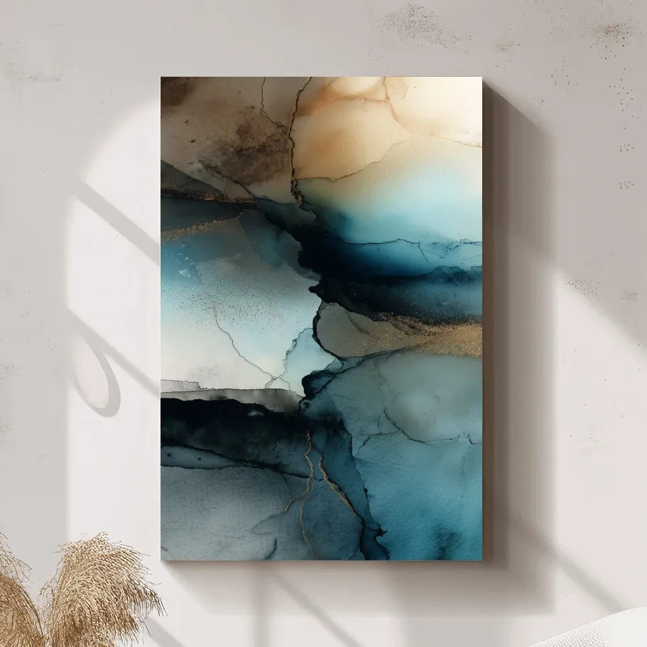 Moody Teal Ink Wash Abstract - Alcohol Ink Style Mountain Wall Art
