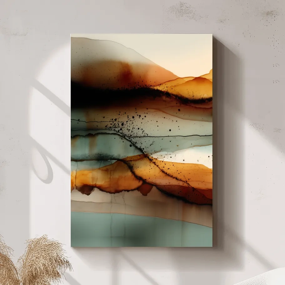 Earth Tone Ink Wash Mountain Landscape - Abstract Modern Wall Art