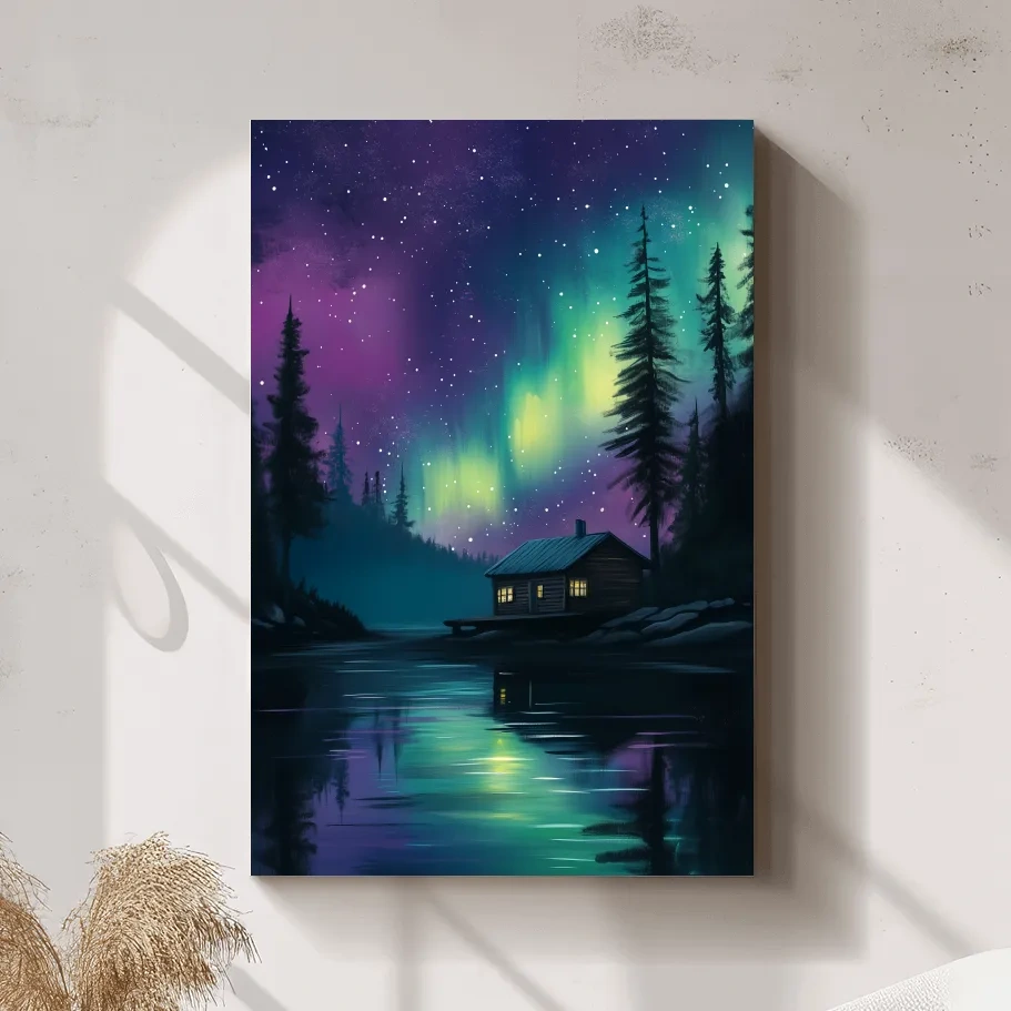 Aurora Borealis Lake Cabin Painting - Northern Lights Wall Art
