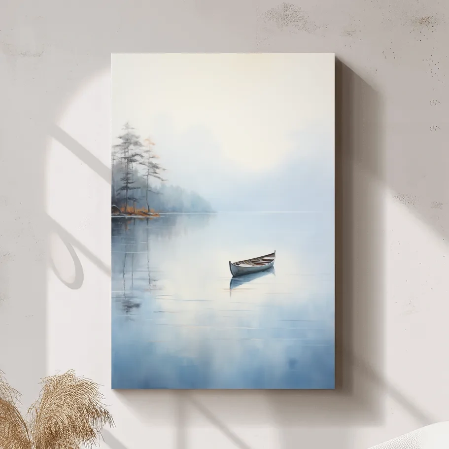 Misty Lake Canoe Reflection Painting - Serene Minimalist Waterscape Wall Art