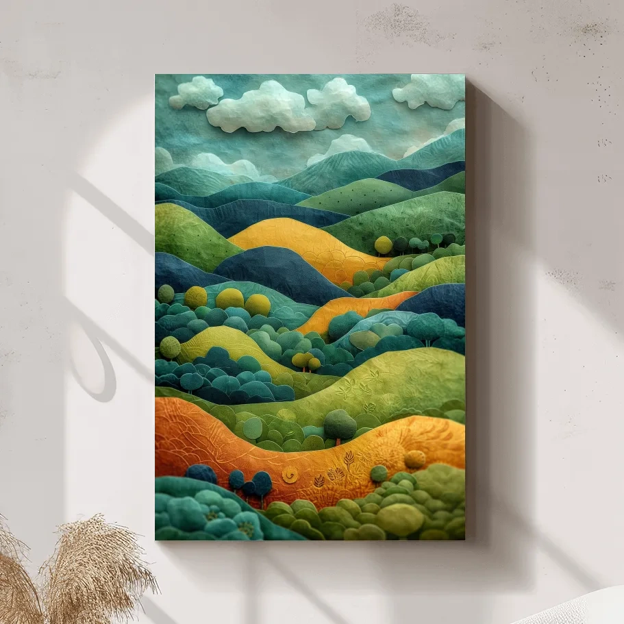 3D Layered Paper Cut Style Mountain Artwork - Whimsical Surreal Landscape Wall Art