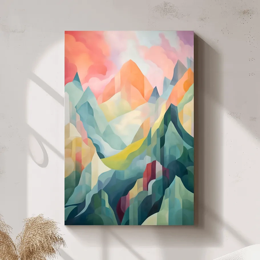 Vibrant Abstract Pastel Mountain Sunset - Geometric Watercolor Style Wall Art