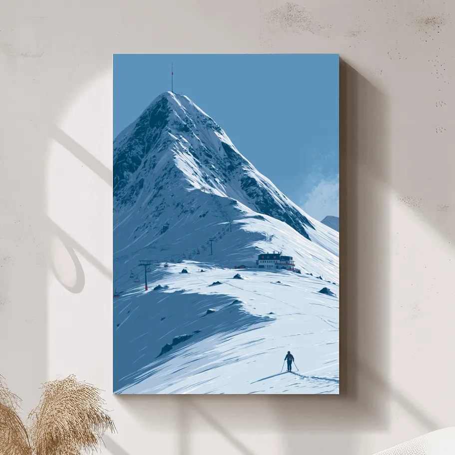 Alpine Mountain Skier Artwork - Minimalist Winter Landscape Wall Art