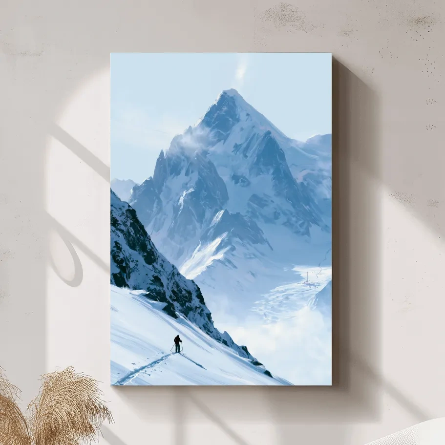 Backcountry Skier Alpine Peak Landscape - Minimalist Winter Mountain Wall Art