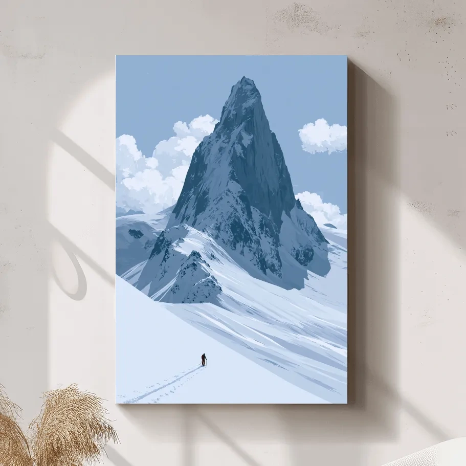 Backcountry Alpine Skier Illustration - Minimalist Mountain Landscape Wall Art