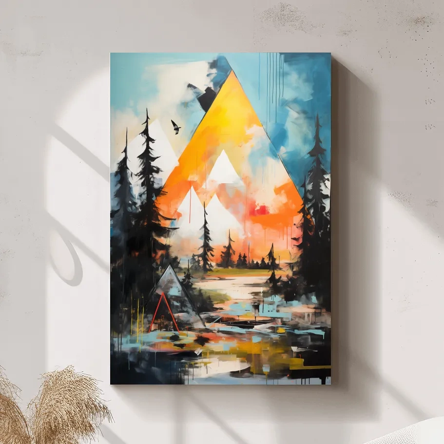 Vibrant Abstract Mountain Painting - Modern Geometric Alpine Forest Wall Art