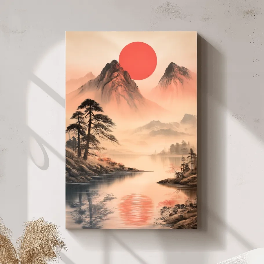 Zen Misty Mountain Lake Sunrise - Japanese Ink Wash Wall Art