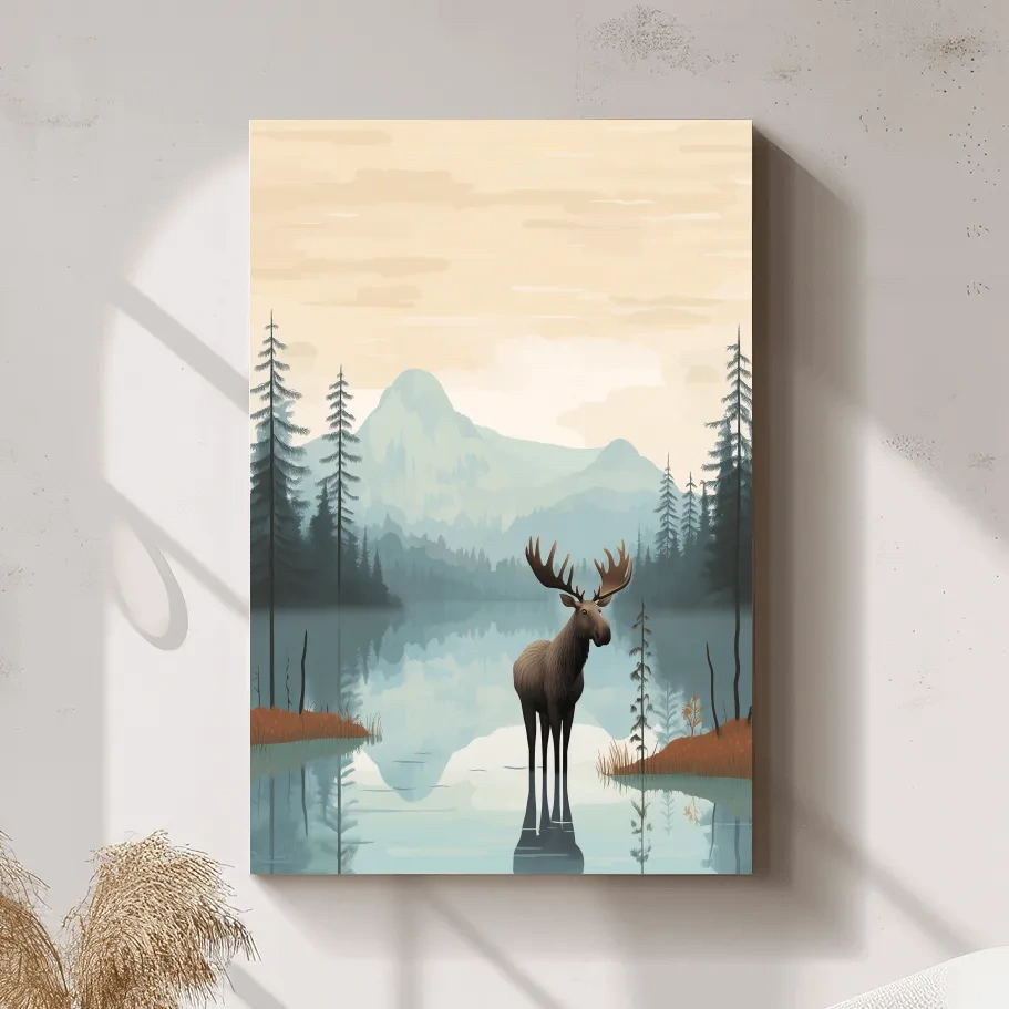 Moose Mountain Lake Illustration - Nursery Forest Mountain Wall Art