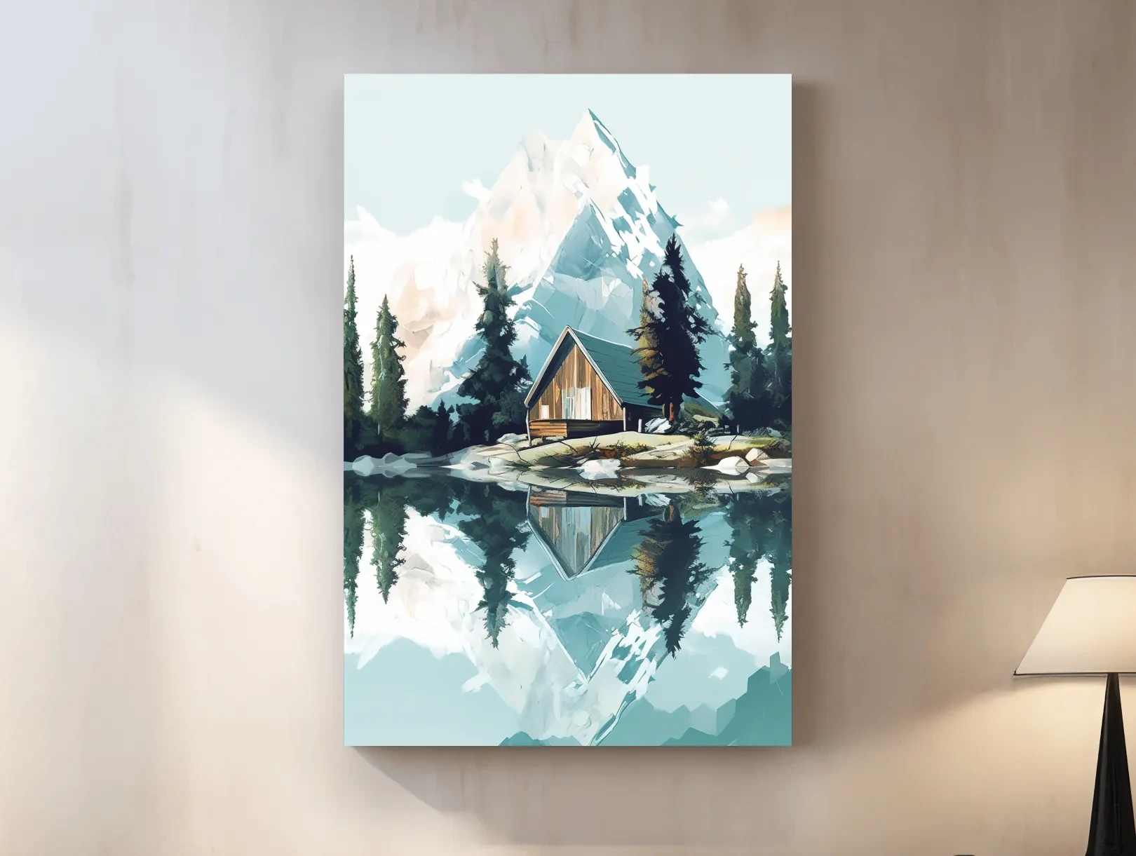 Serene Alpine Cabin Lake Painting - Mountain Landscape Wall Art