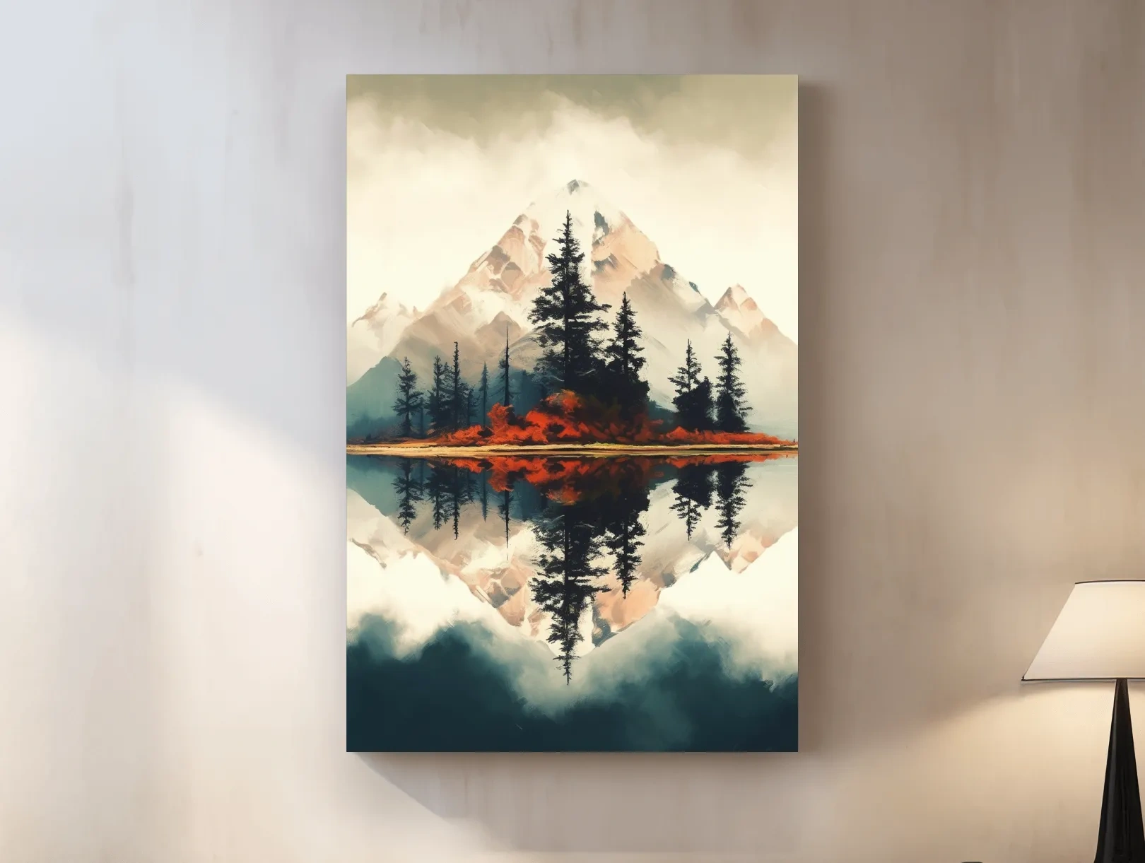 Minimal Mountain Lake Reflection With Pine Forest - Watercolor Landscape Wall Art