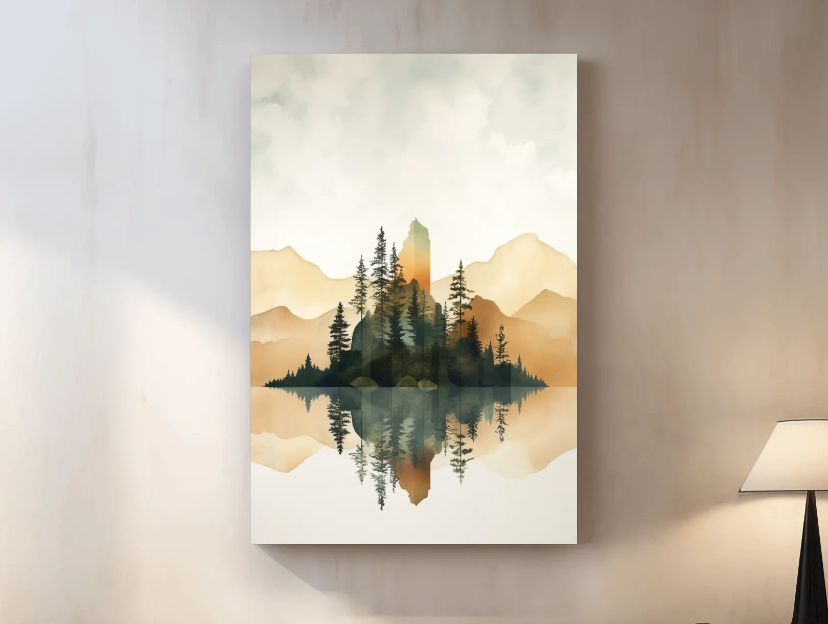 Alpine Mountain Lake Reflection Watercolor - Serene Pine Forest Wall Art