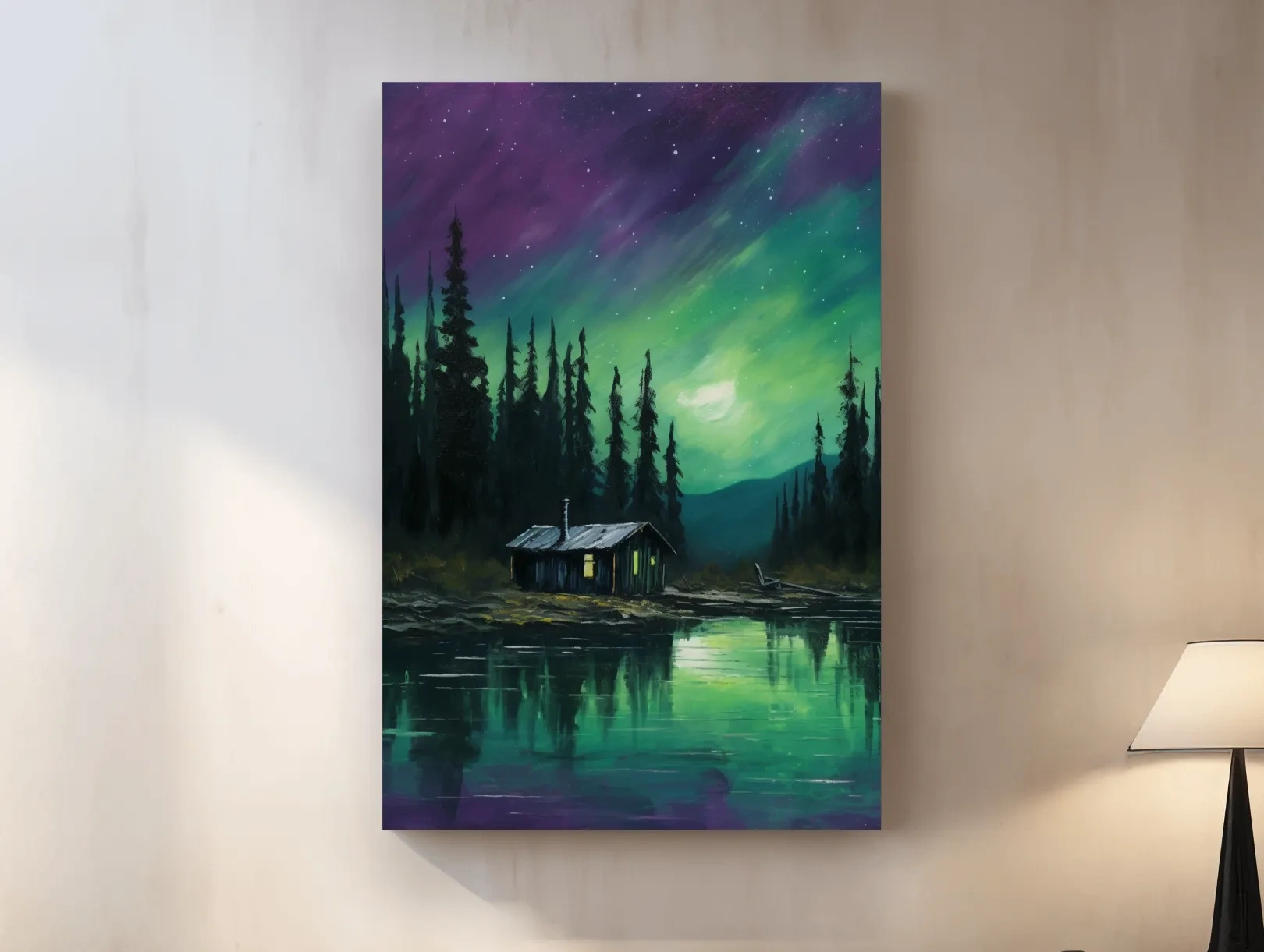 Painting of cabin by a lake under the northern lights night sky