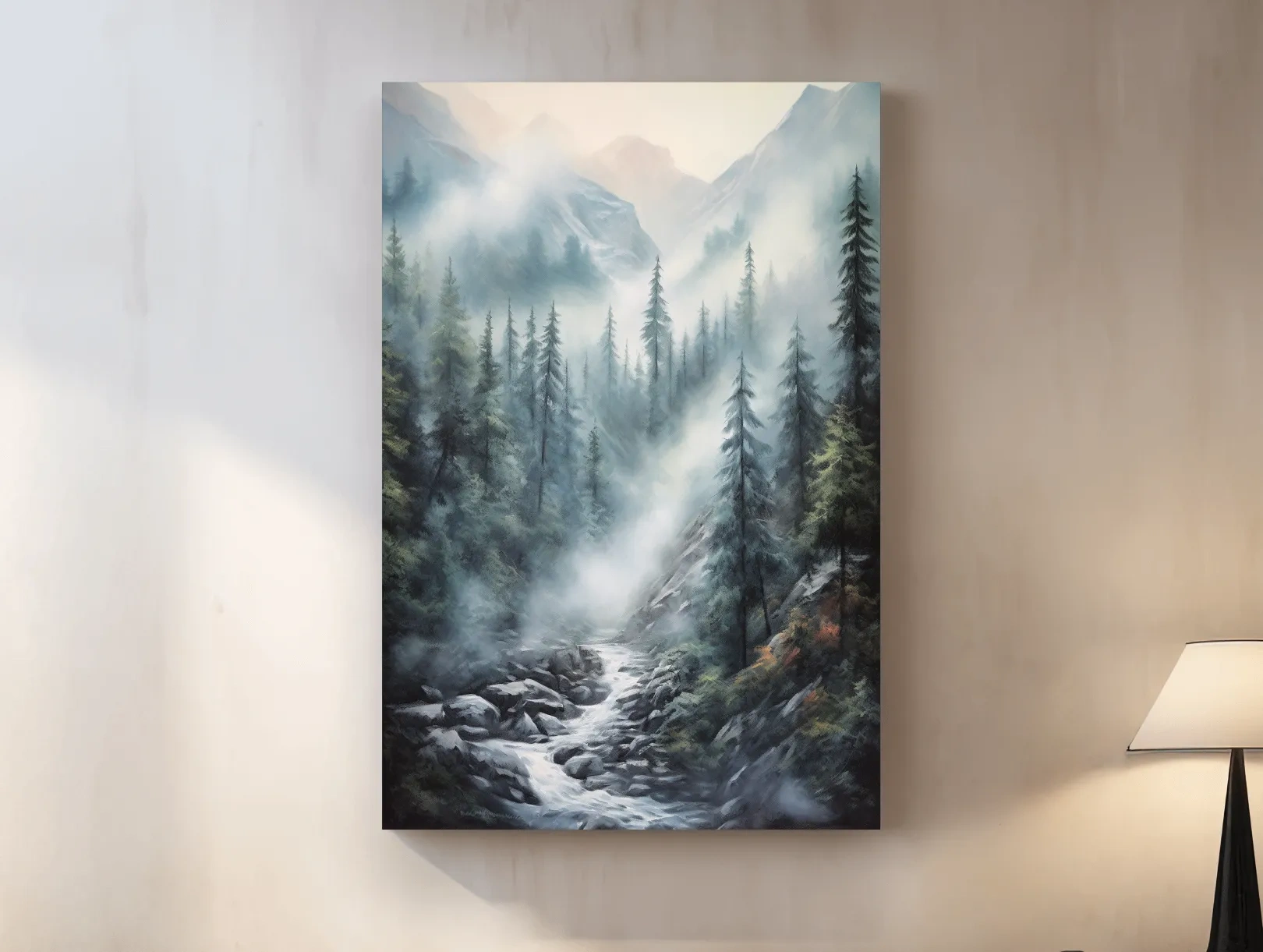 Misty Alpine Pine Forest River Painting - Moody Mountain Landscape Wall Art