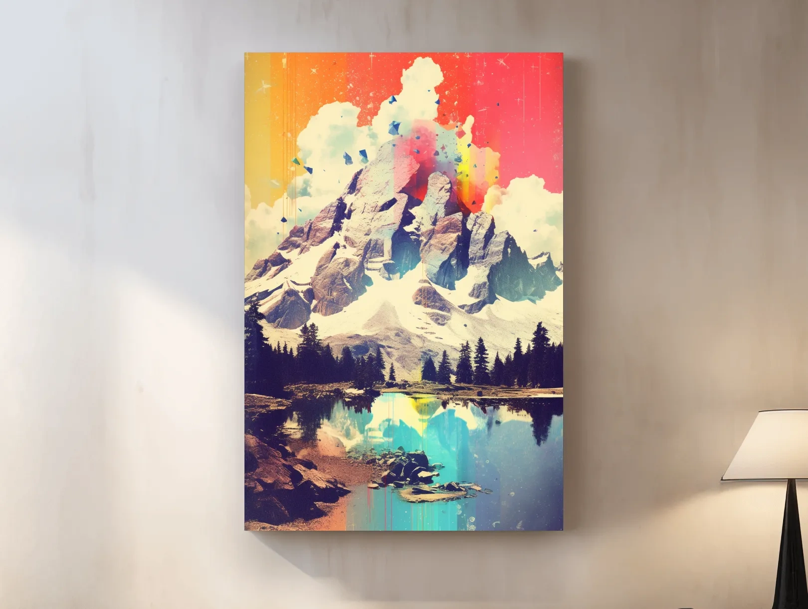 Vibrant Abstract Mountain Lake Painting - Colorful Alpine Landscape Wall Art