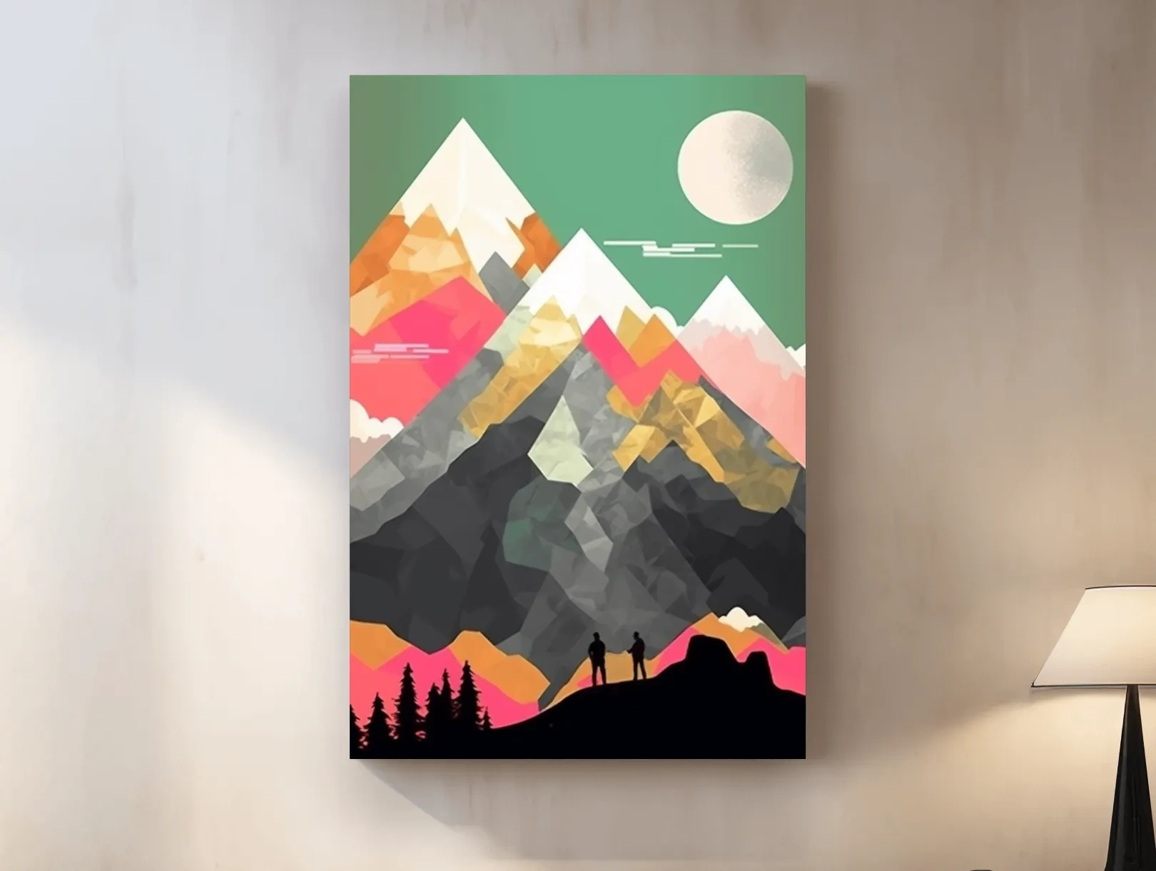 Simple flat colour 2d mountain art, colourful mountain ranges