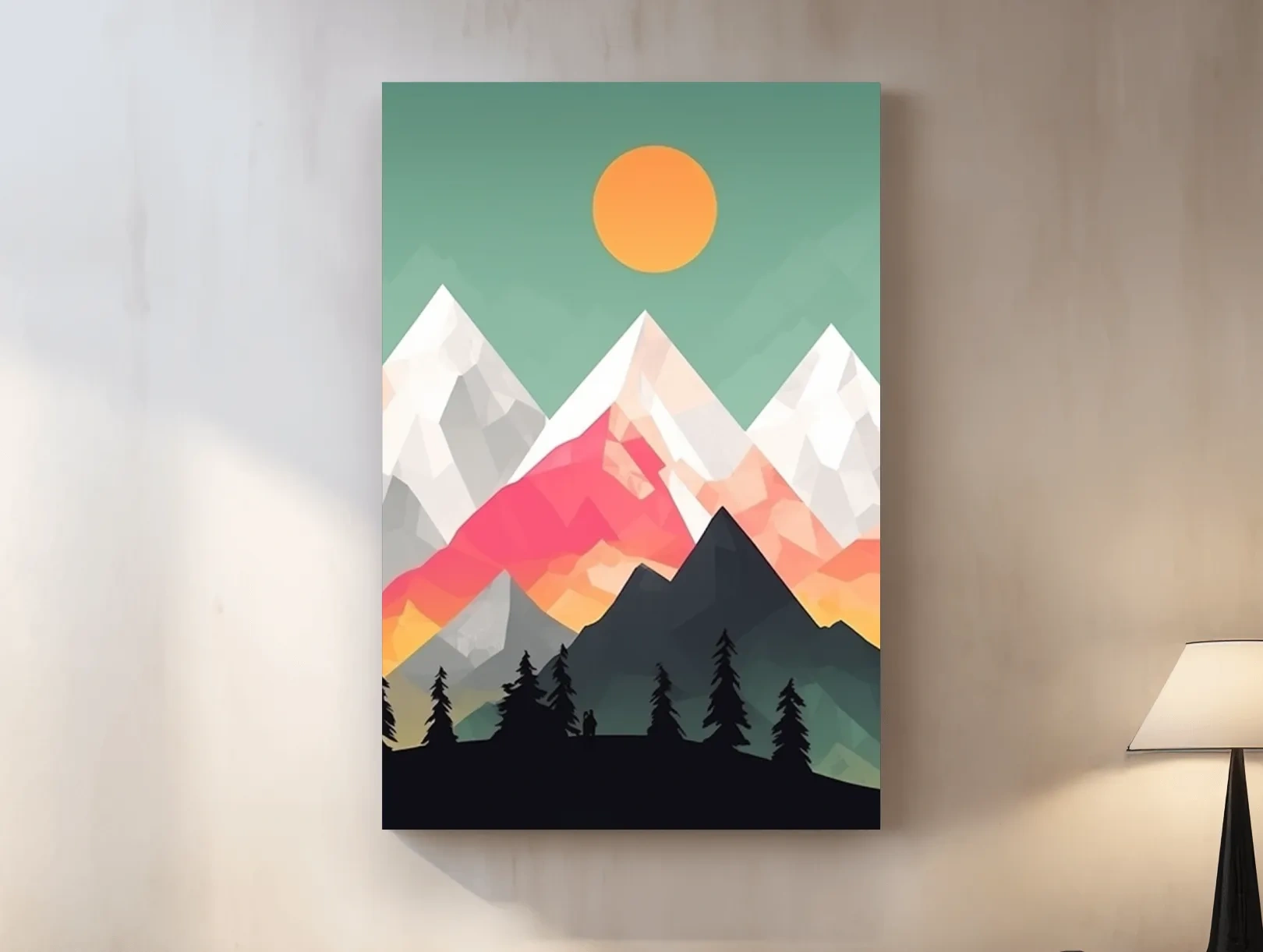 Geometric Sunset Mountain Peaks With Pine Silhouettes - Modern Colourful 2D Wall Art