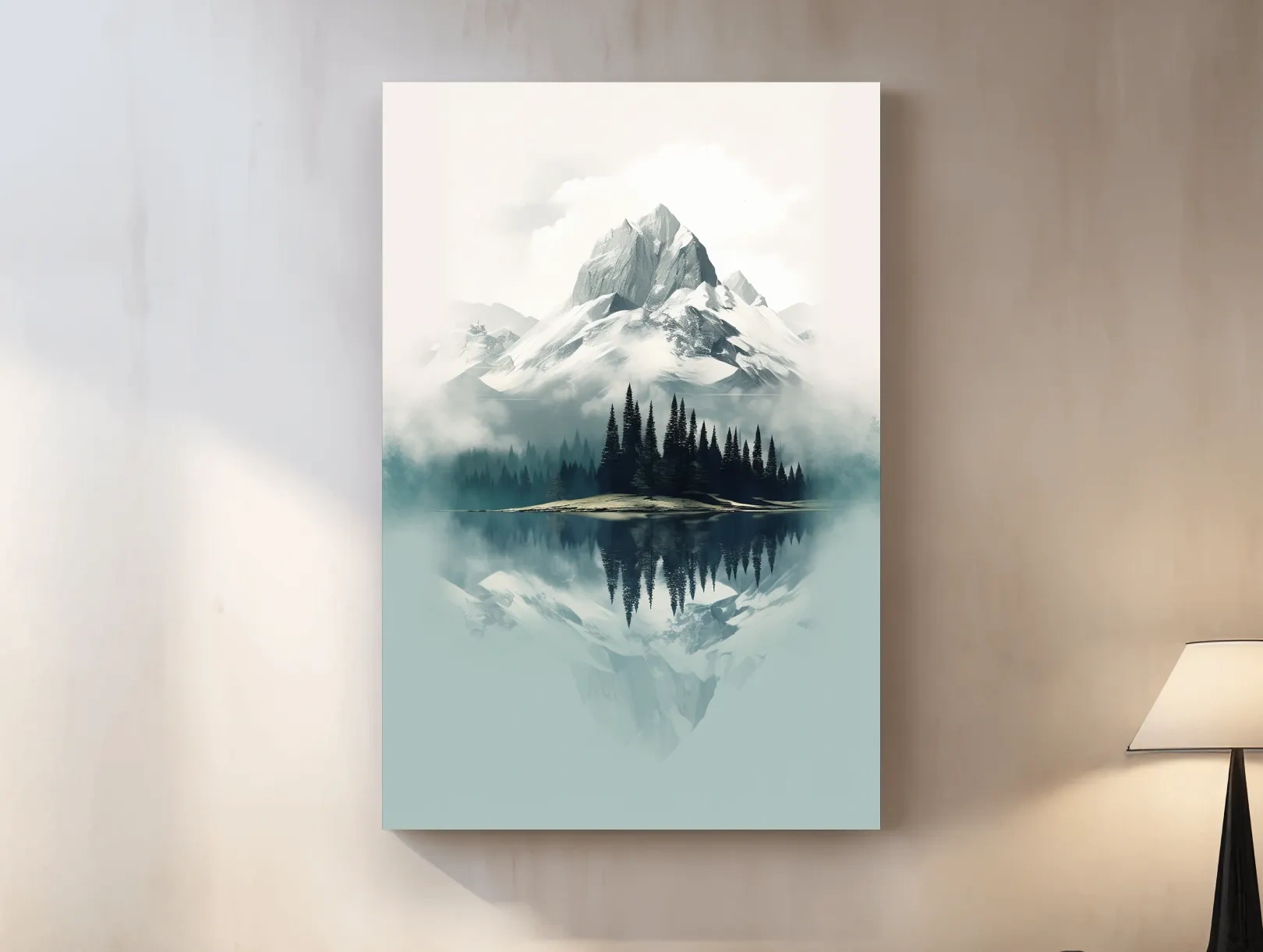 Misty Alpine Mountain Lake Reflection - Minimalist Watercolor Landscape Wall Art