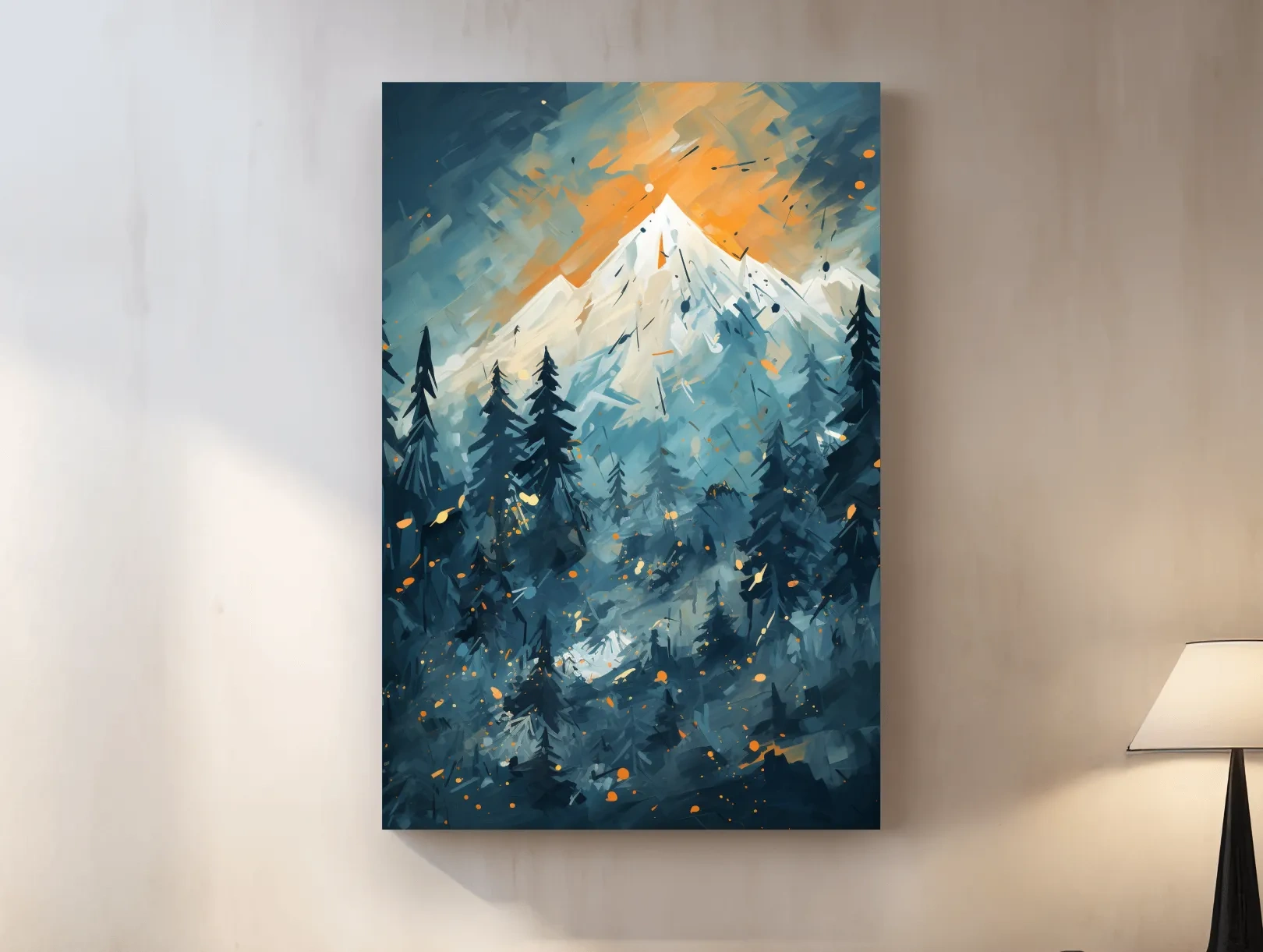 Abstract Snowy Mountain Peak Sunset - Moody Pine Forest Painting Wall Art
