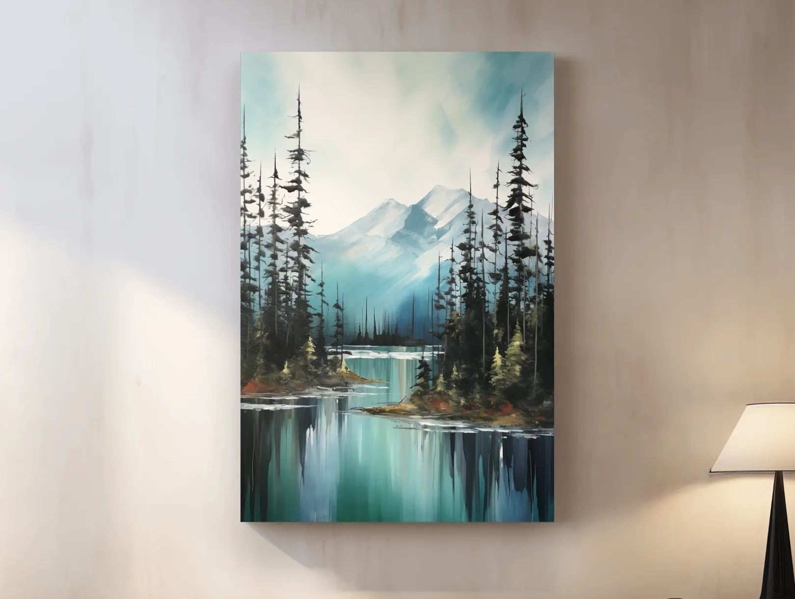 Alpine Turquoise Lake Watercolor Landscape - Serene Pine Forest Nature Wall Art