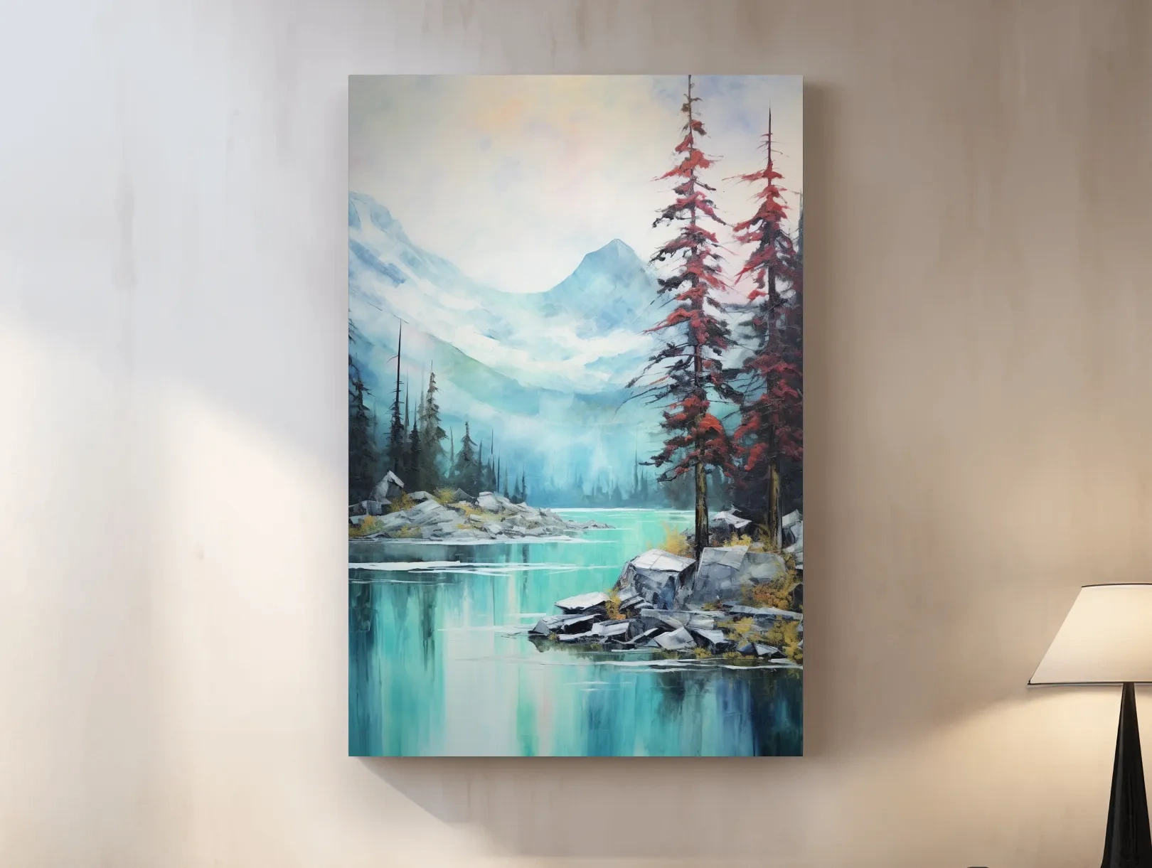 Misty Turquoise Alpine Lake Watercolor - Serene Mountain Landscape Wall Art