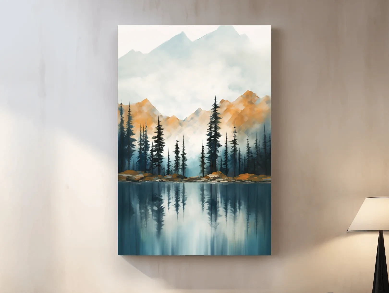 Misty Watercolor Mountain Lake Reflection - Serene Pine Forest Landscape Wall Art