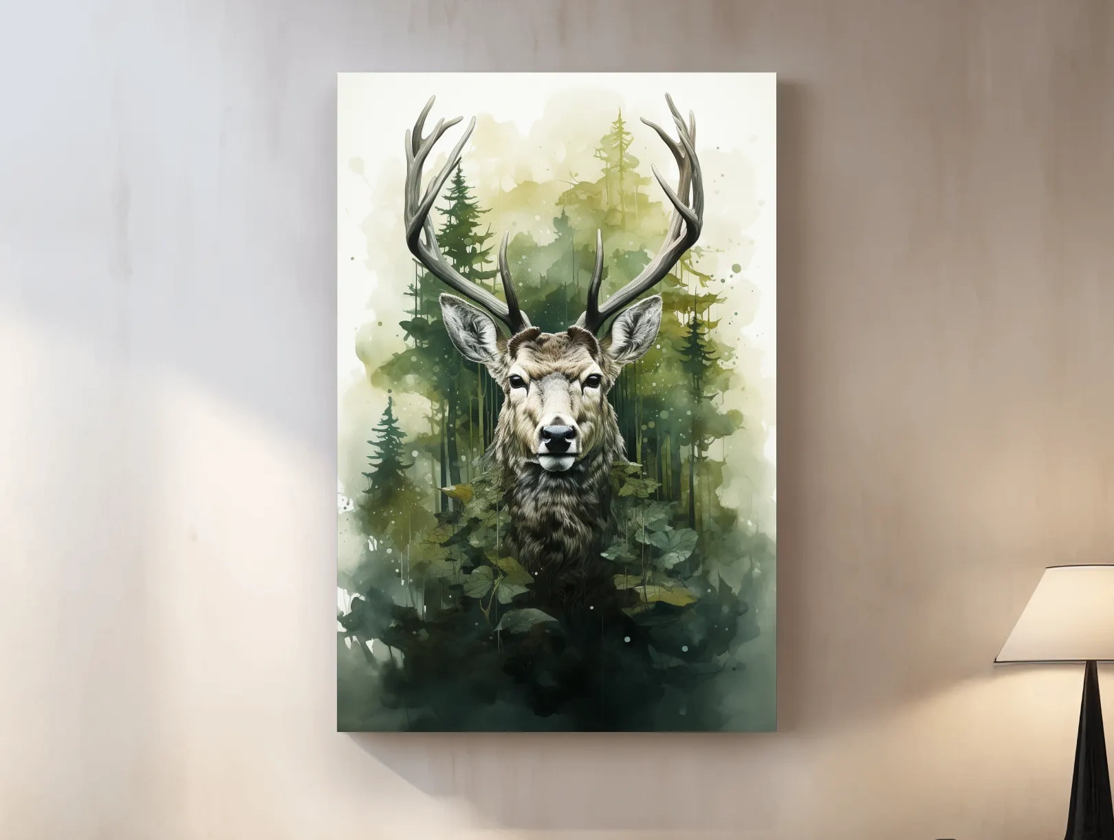 Watercolor Deer Portrait In Misty Pine Forest - Woodland Wildlife Wall Art