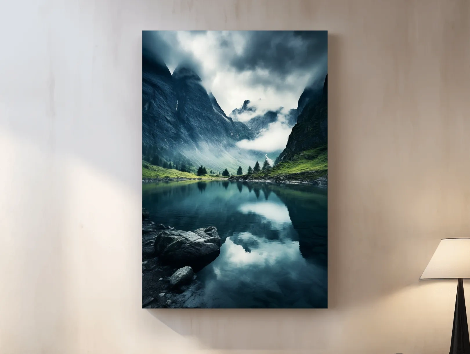 Moody Misty Alpine Lake Reflection - Dramatic Photographic Mountain Wall Art