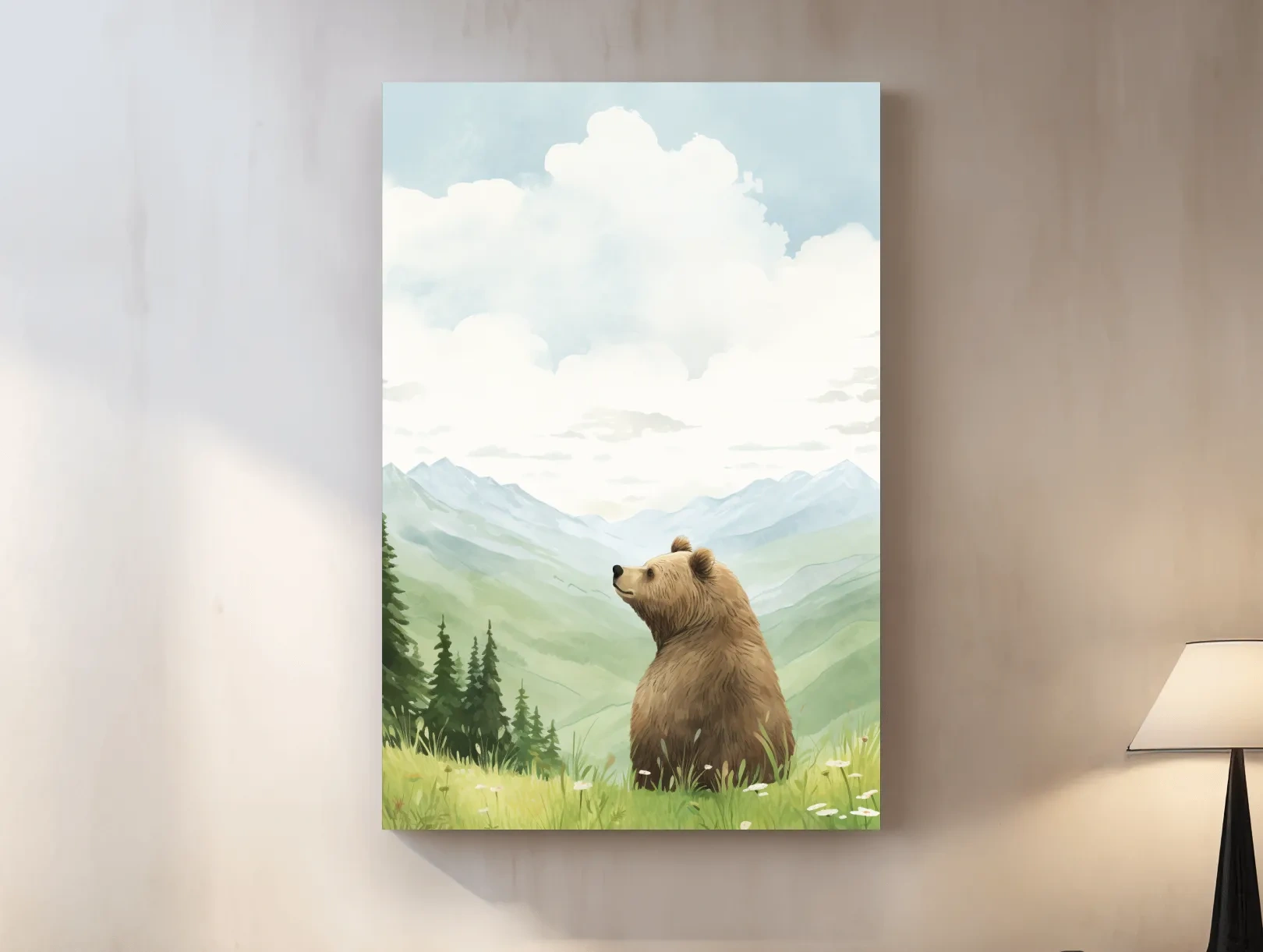 Whimsical Watercolor Bear In Mountain Meadow - Serene Nursery Wildlife Art