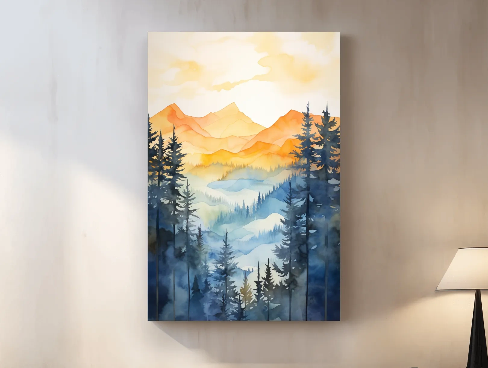 Golden Watercolor Mountain Sunrise Painting - Misty Alpine Forest Artwork