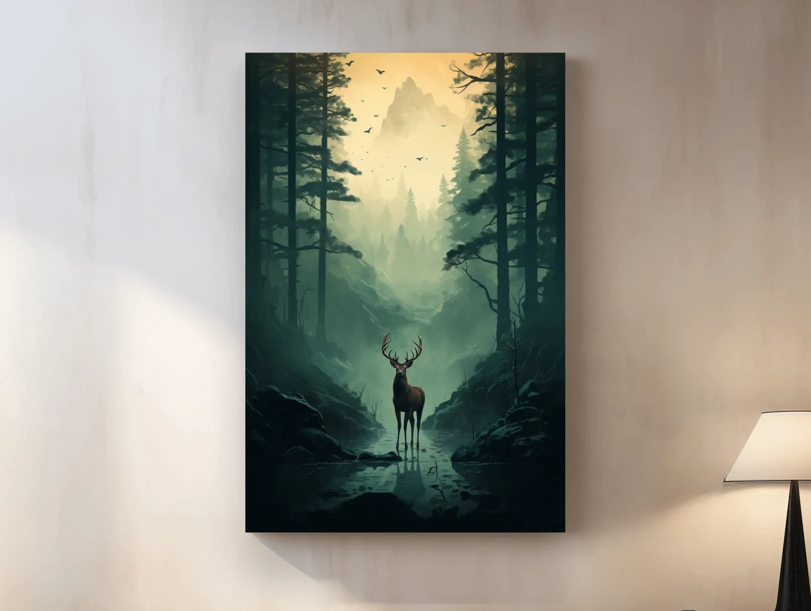 Moody Misty Forest Deer Stag Landscape - Atmospheric Wildlife Mountain Wall Art