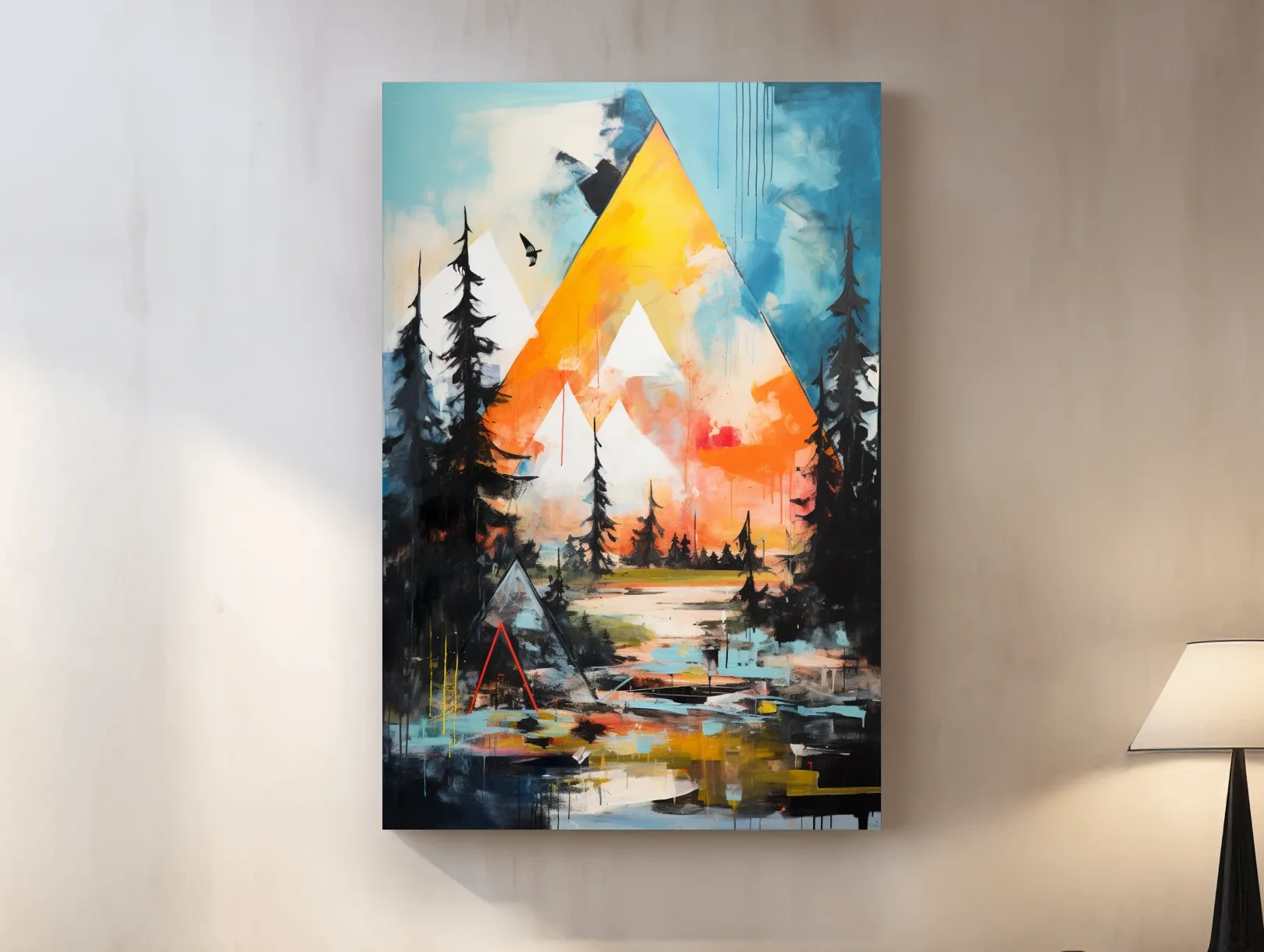 Vibrant Abstract Mountain Painting - Modern Geometric Alpine Forest Wall Art