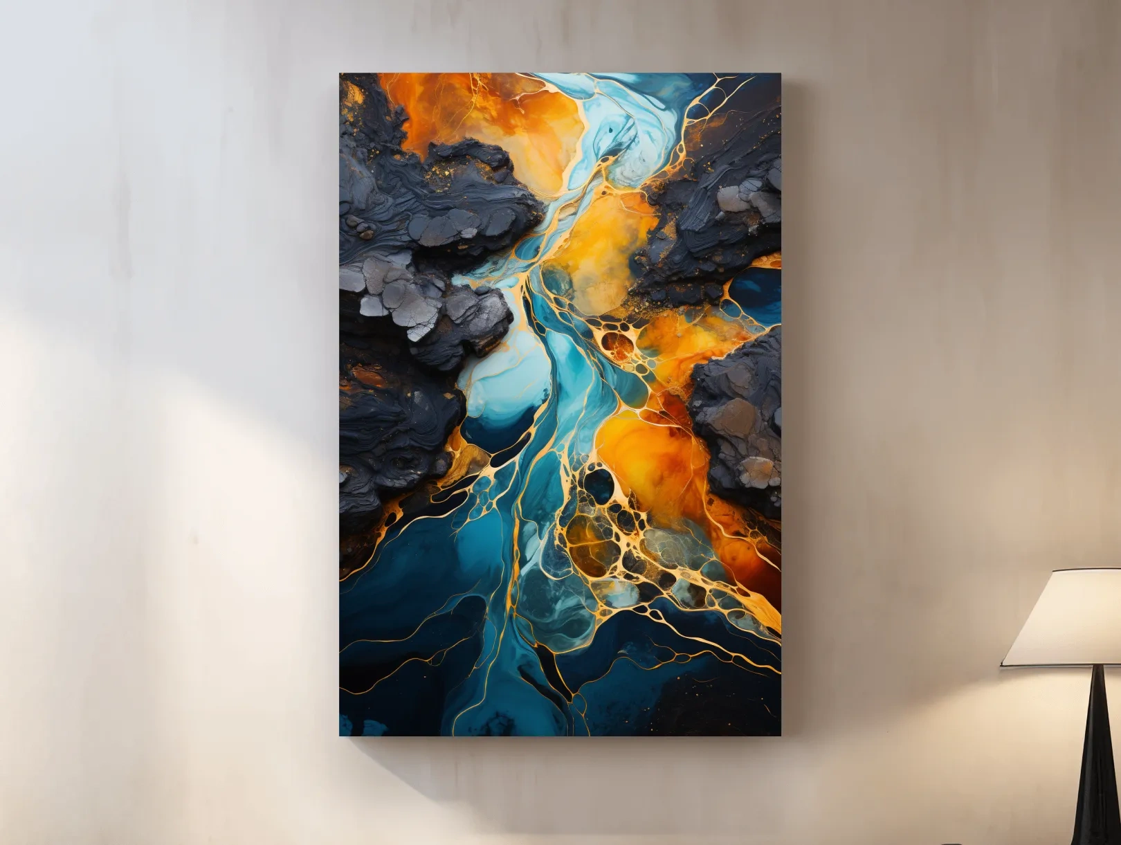 Elegant Gold And Teal Abstract Flowinf River - Alcohol Ink Style Wall Art