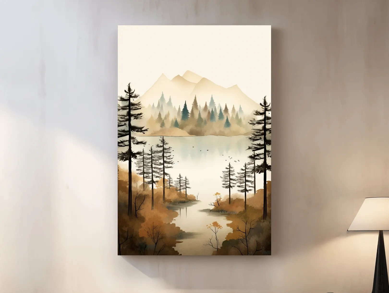 Watercolour landscape art, lakeside forest scenery in fall