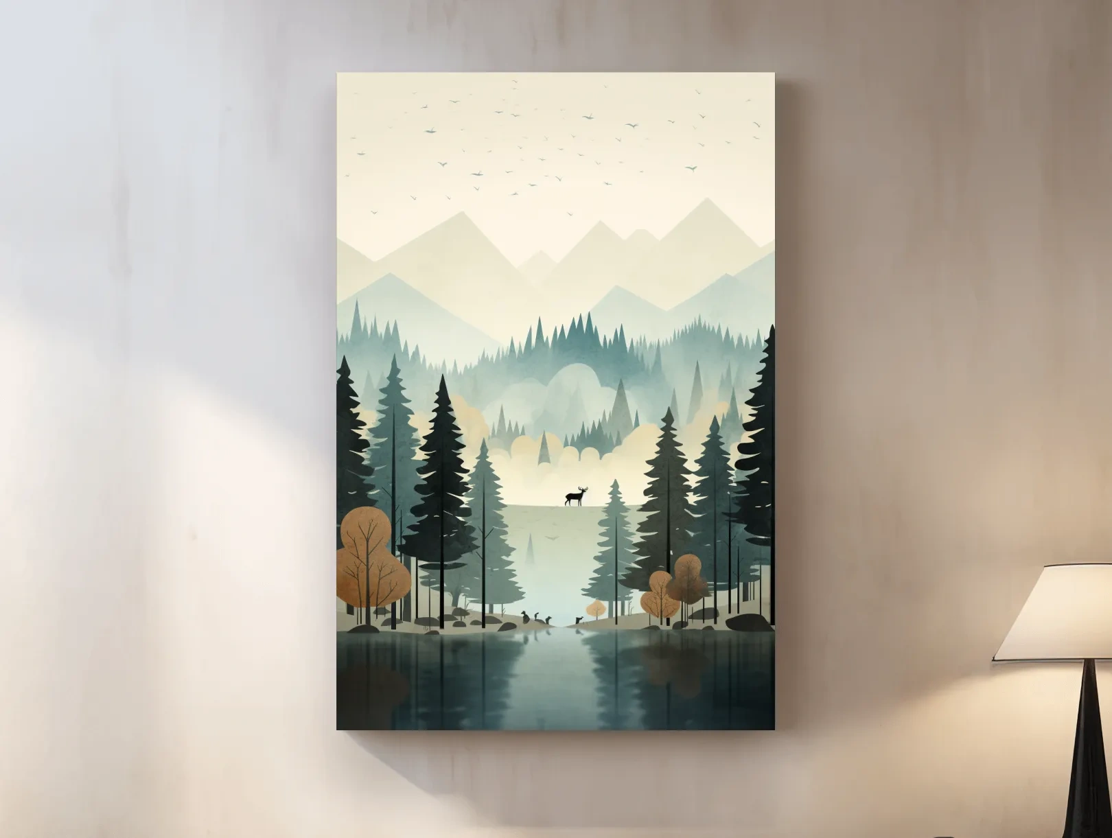 Alpine Lake Forest With Deer - Scandinavian Minimalist Wall Art
