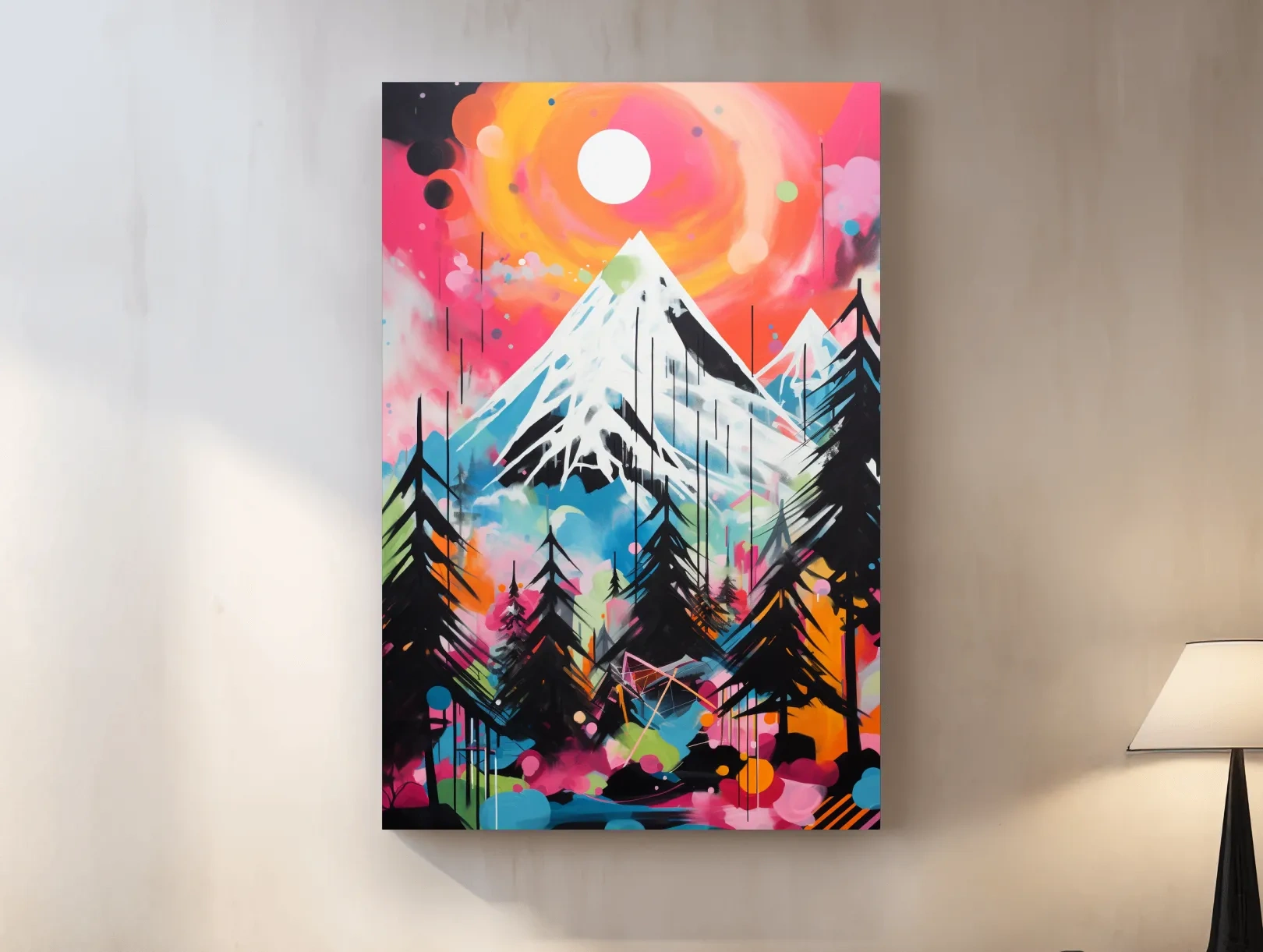 Vibrant Abstract Neon Mountain Glacier Sunset Painting - Colorful Alpine Wall Art