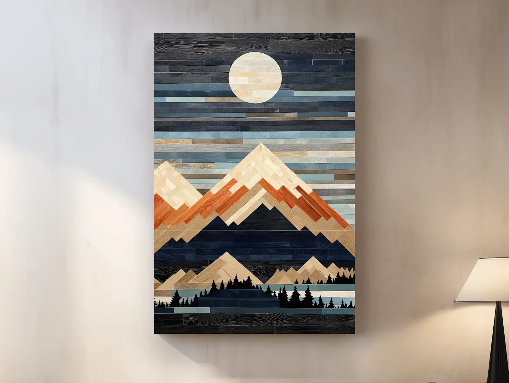 Geometric Wood Mosaic Mountain Range Under Full Moon - Modern Rustic Landscape Wall Art
