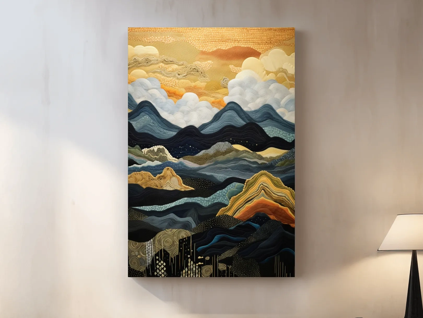 Layered Tapestry Mountain Range Sunrise - Abstract Mixed Media Landscape Wall Art