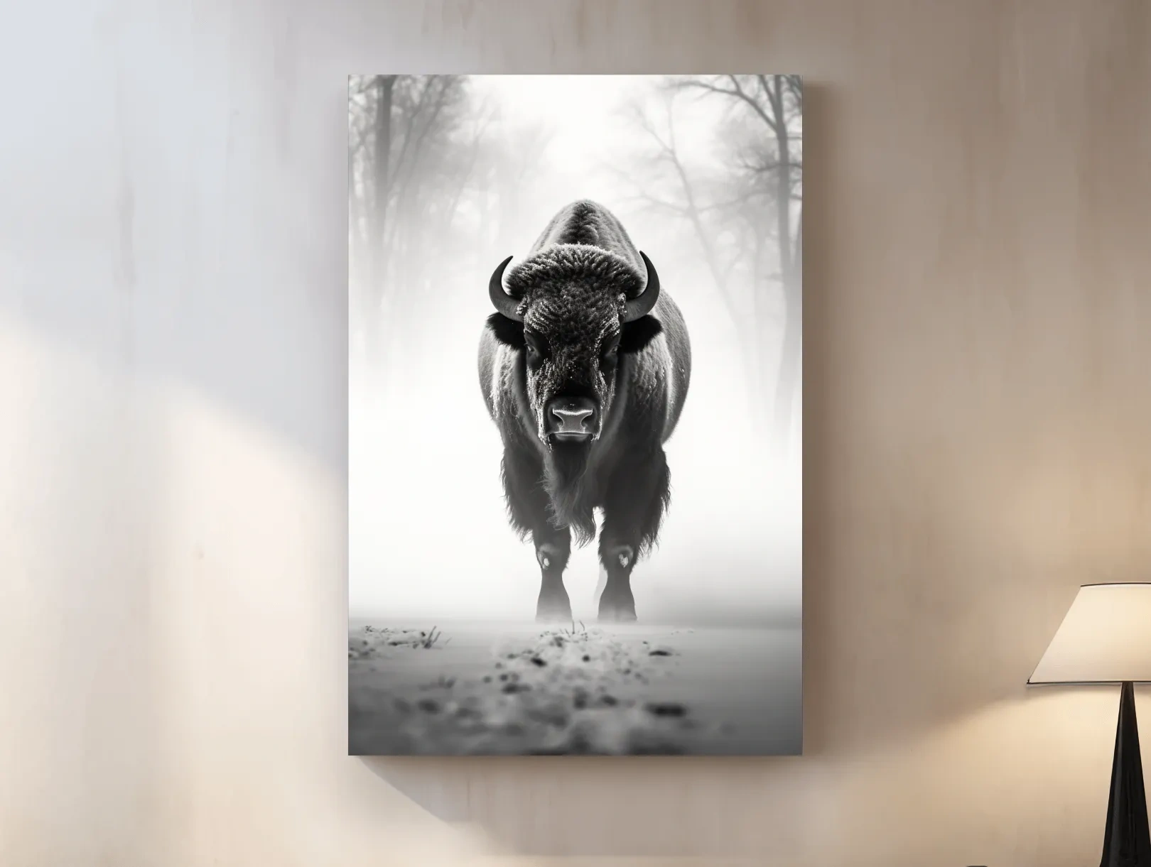 Moody Black And White Bison Portrait - Foggy Winter Wildlife Wall Art