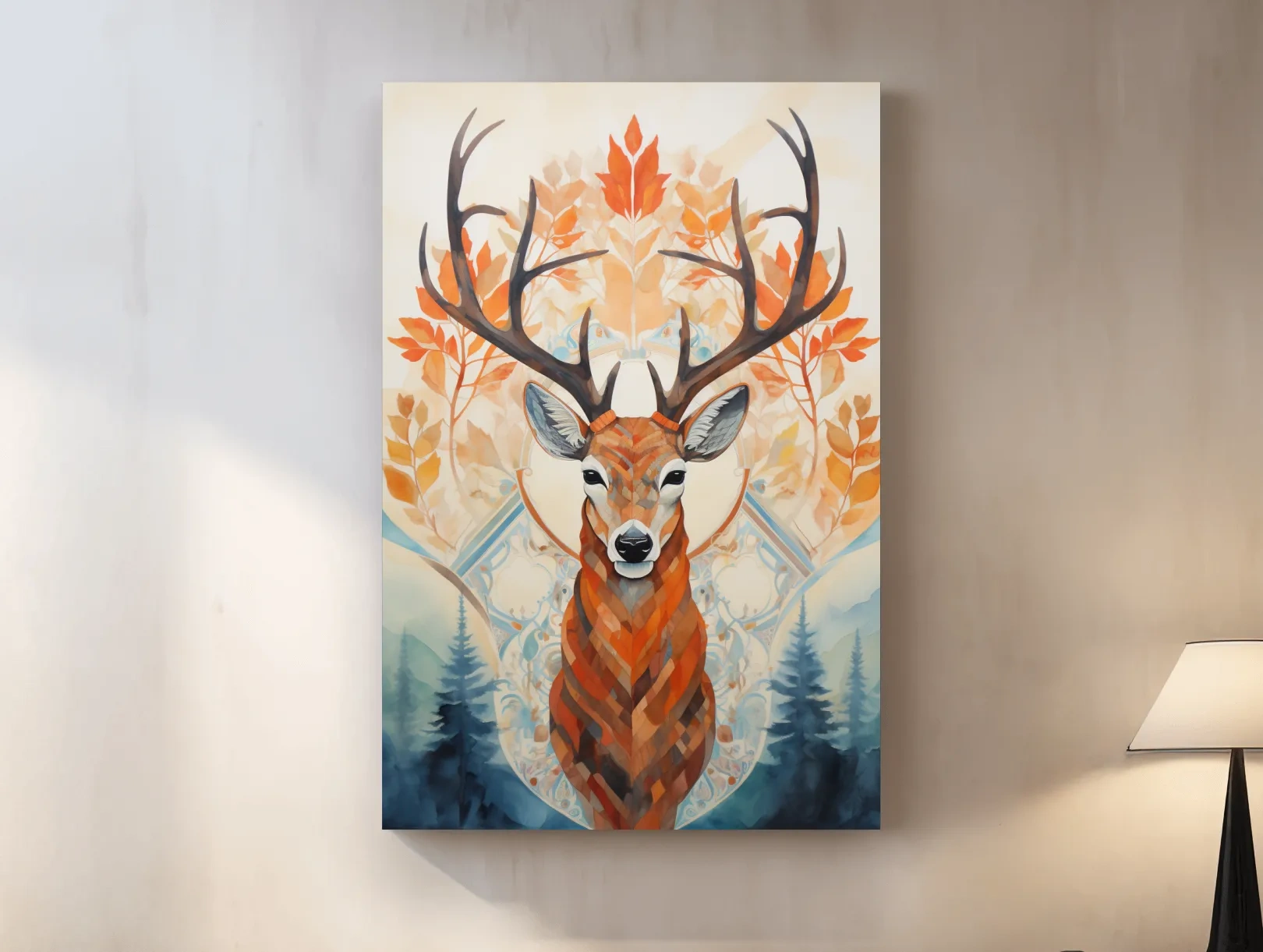 Ornate Stag Deer Watercolor Portrait - Autumn Woodland Wildlife Wall Art