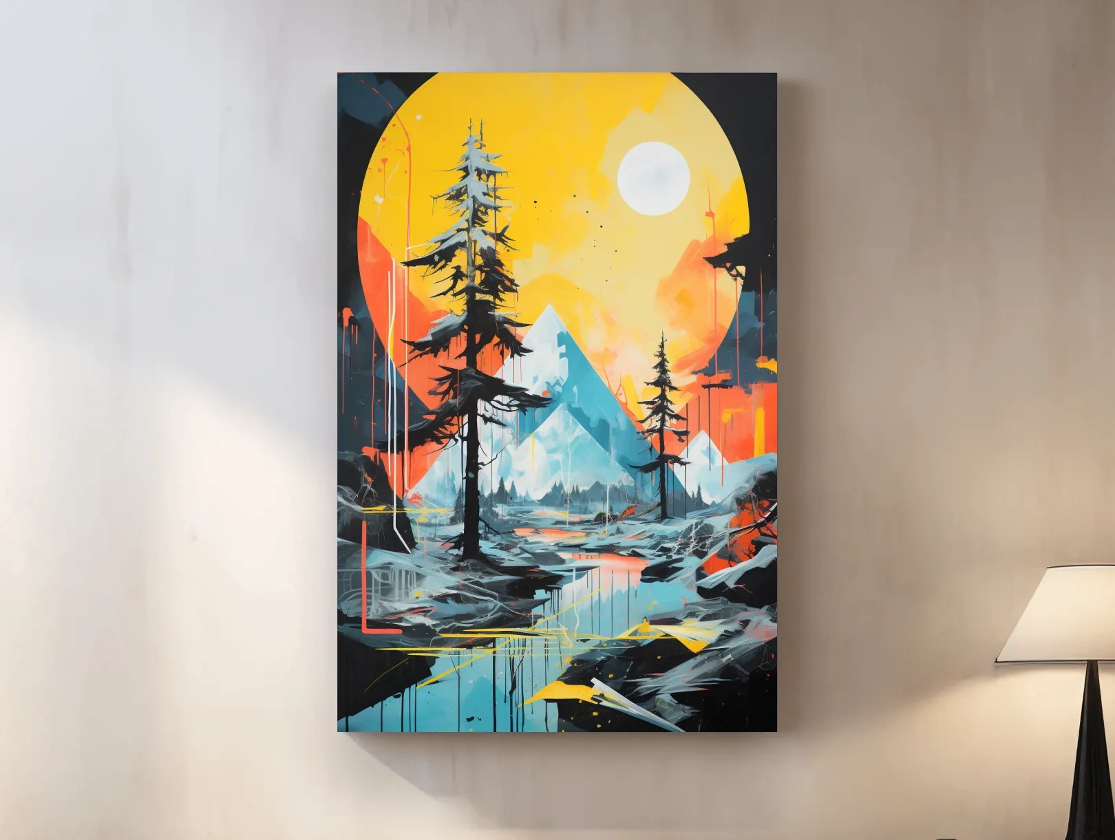 Vibrant Abstract Mountain Lake Sunset Painting - Modern Geometric Pine Forest Wall Art