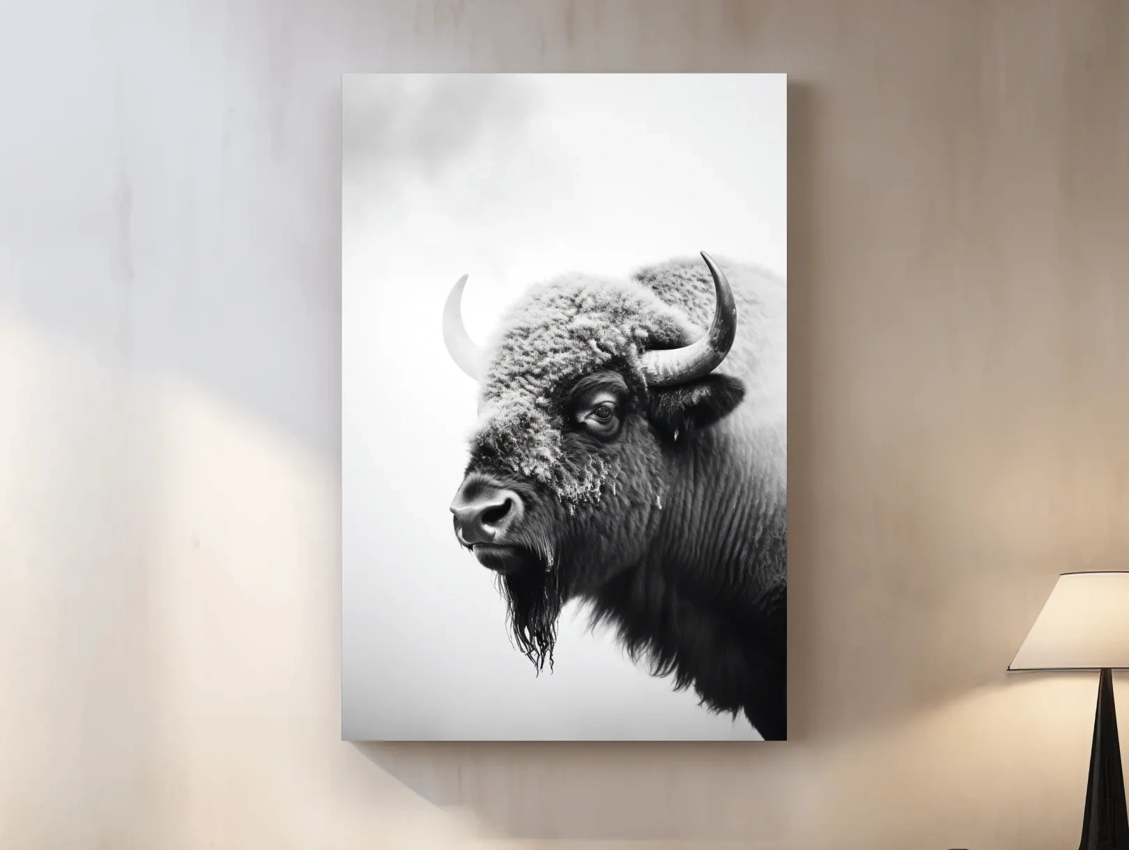 Moody Black And White Bison Portrait - Minimalist Photographic Wildlife Wall Art